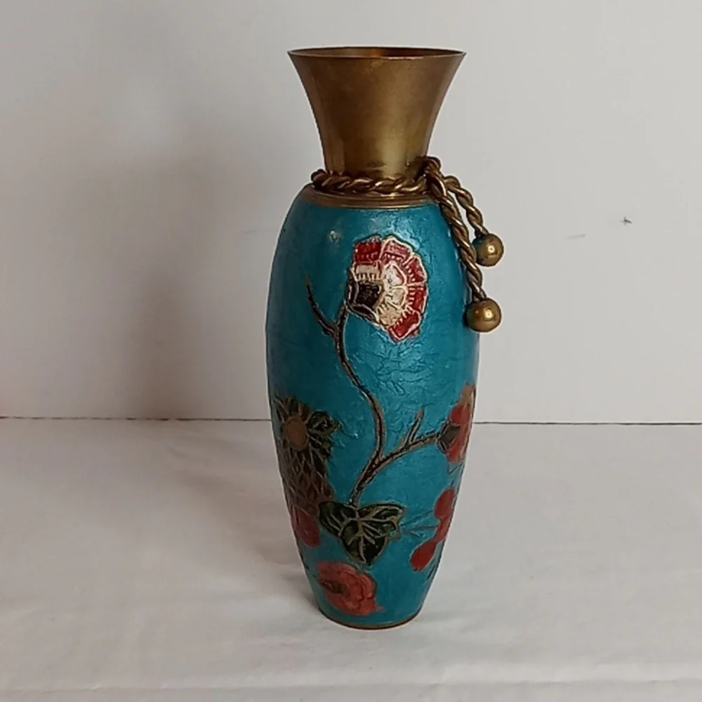 MCM Vintage Hand Painted Floral And Fruit Brass Vase